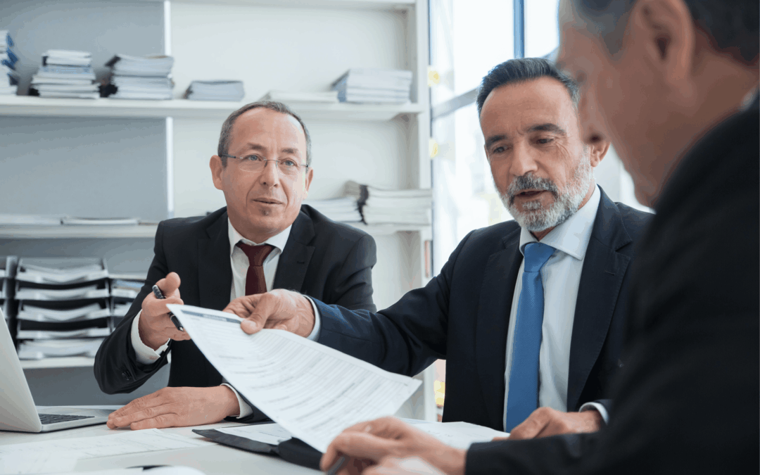 Owner and experts looking into legal and financial considerations of selling a business.